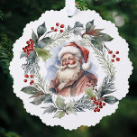 Jolly Lachende Santa Waterverf Kerstkrans Ornament Kaart<br><div class="desc">Nostalgisch  geïnspireerd portret van lachende Sinterklaas omgeven door een feestelijke kerstkrans in waterverf stijl met evergreens,  gebladerte en rode bessen.</div>
