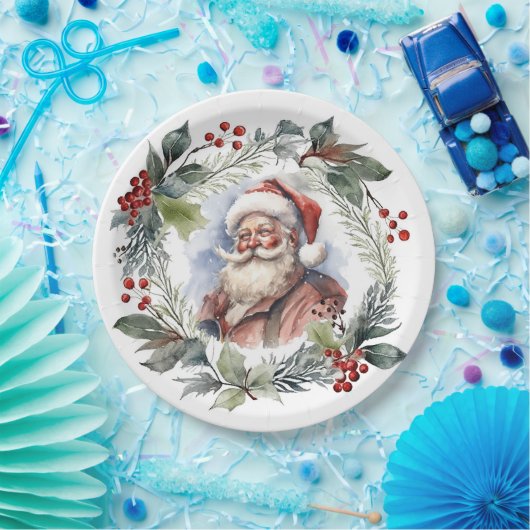 Jolly Lachende Santa Waterverf Kerstkrans Papieren Bordje (Feest)