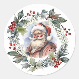 Jolly Lachende Santa Waterverf Kerstkrans Ronde Sticker