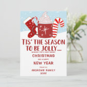 Jolly Red Blue Cocoa Candy Cane Stocking kerst Feestdagenkaart (Staand voorkant)