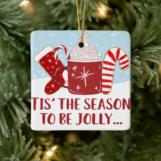 Jolly Red Blue Cocoa Candy Cane Stocking kerst Keramisch Ornament (Boom)
