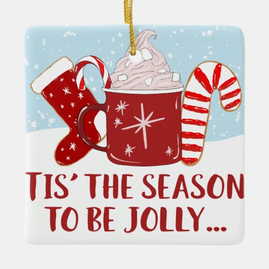 Jolly Red Blue Cocoa Candy Cane Stocking kerst Keramisch Ornament (Voorkant)