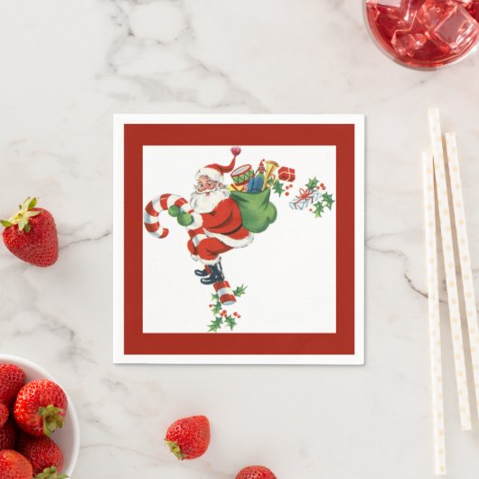 Jolly Retro Santa Riding Candy Cane Rood Servetten (Insitu)