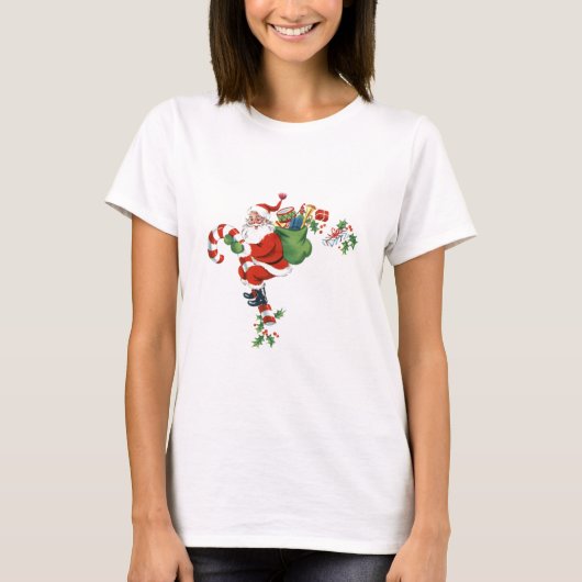 Jolly Retro Santa Riding Candy Cane T-shirt (Voorkant)