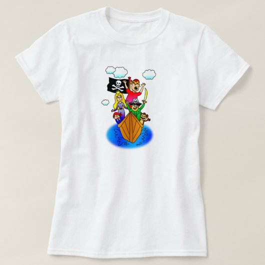 Jolly Roger Flying on Pirate Boat Bobbing on Water T-shirt (Design voorkant)