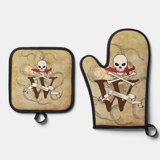 Jolly Roger Monogram Initiaal Ovenwant & Pannenlap Set (Voorkant)
