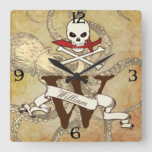 Jolly Roger Monogram Initiaal Vierkante Klok (Voorkant)