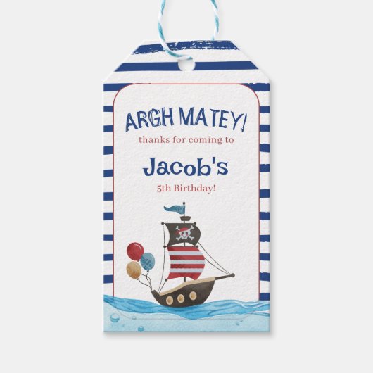 Jolly Roger Pirate Ahoy Matey Verjaardagsfeestje g Cadeaulabel (Voorkant)