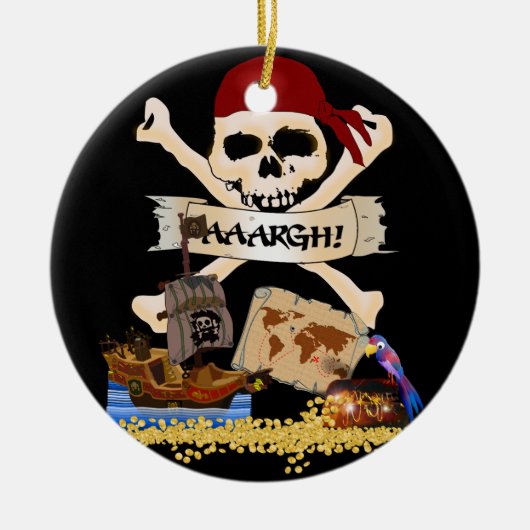 Jolly Roger, Pirate Ship & Pirate's Chest Keramisch Ornament (Voorkant)