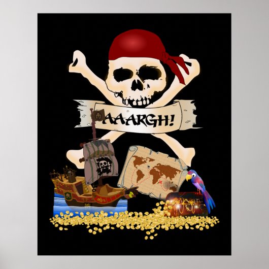 Jolly Roger, Pirate Ship & Pirate's Chest Poster (Voorkant)