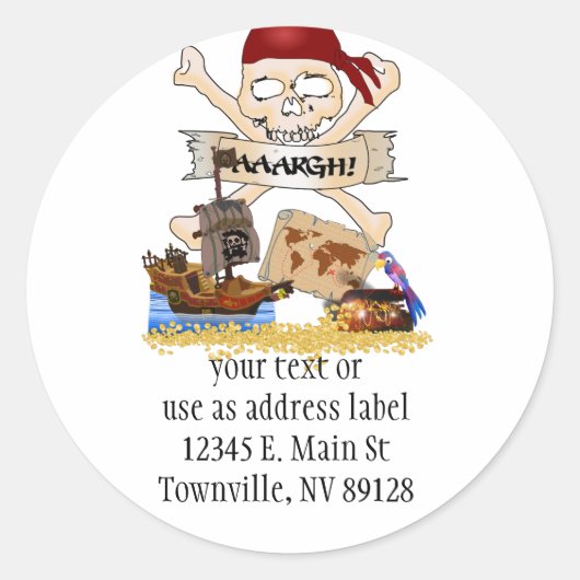 Jolly Roger, Pirate Ship & Pirate's Chest Ronde Sticker (Voorkant)