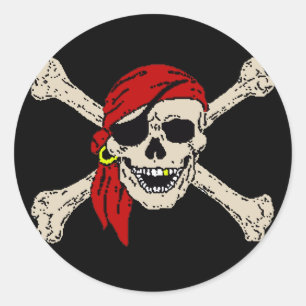 Jolly Roger Pirate Skull Botten Red Bandanna Ronde Sticker