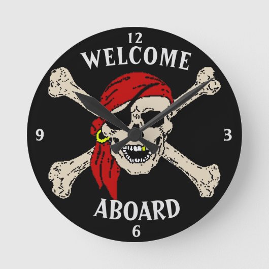 Jolly Roger Pirate Skull Botten Red Bandanna Round Ronde Klok (Voorkant)