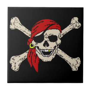 Jolly Roger Pirate Skull Botten Red Bandanna Tegeltje