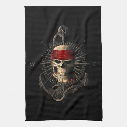 Jolly Roger Pirate Skull Sailing Compass Anchor Theedoek (Verticaal)
