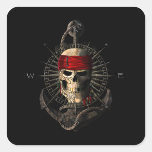Jolly Roger Pirate Skull Sailing Compass Anchor Vierkante Sticker