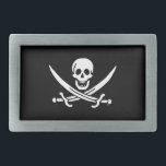 Jolly roger piratenvlag gesp<br><div class="desc">Maak deze leuke Jolly Roger pirate skull gemakkelijk persoonlijk en kruiste de swords vlag op een zwarte achtergrond. U kunt de achtergrondkleur gemakkelijk van een waaier van meer dan 200 kleuren veranderen.</div>