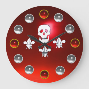 JOLLY ROGER SKULL DRIE LILEN VLAG Rood Pareltjes Grote Klok