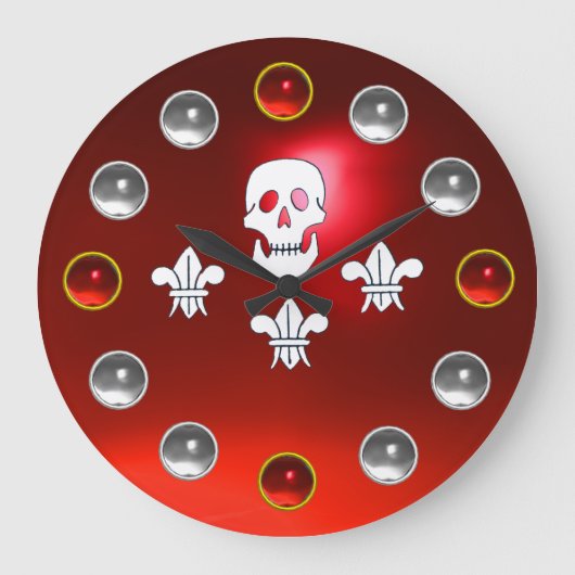JOLLY ROGER SKULL DRIE LILEN VLAG Rood Pareltjes Grote Klok (Voorkant)