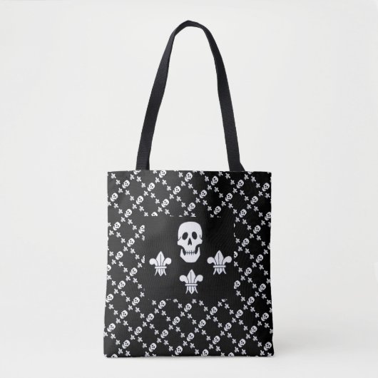 JOLLY ROGER SKULL DRIE LILILIES BLACK PIRATE FLAG TOTE BAG (Voorkant)