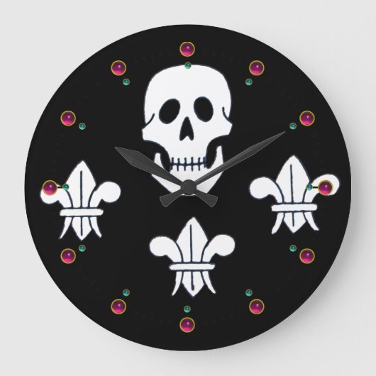 JOLLY ROGER SKULL EN DRIE LILIES FLAG, Amethyst Grote Klok (Voorkant)