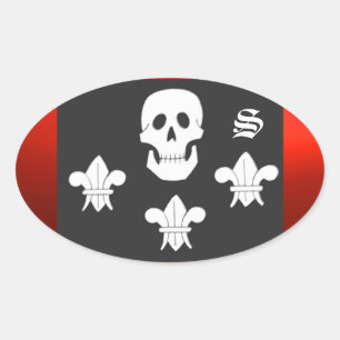 JOLLY ROGER SKULL EN DRIE LILIES FLAG MONOGRAM OVALE STICKER