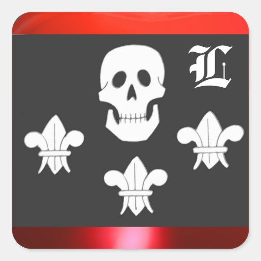 JOLLY ROGER SKULL EN DRIE LILIES FLAG MONOGRAM VIERKANTE STICKER (Voorkant)