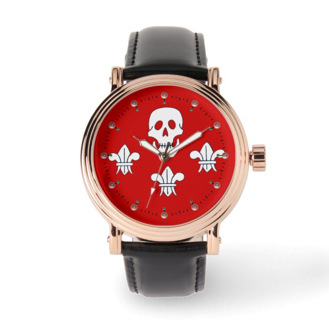 JOLLY ROGER SKULL EN DRIE LILIES FLAG, Red Horloge (Voorkant)