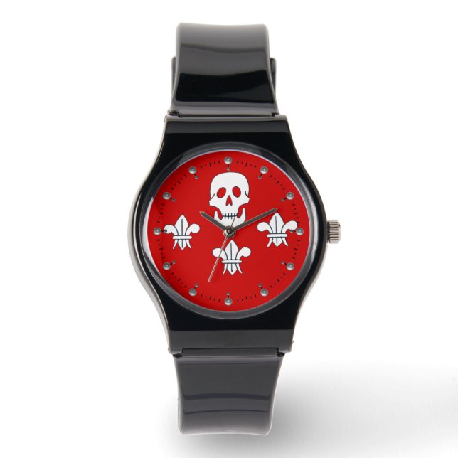 JOLLY ROGER SKULL EN DRIE LILIES FLAG, Red Horloge (Voorkant)