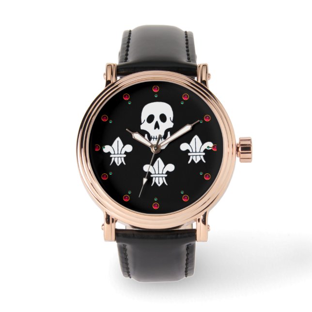JOLLY ROGER SKULL EN DRIE LILILIES FLAG HORLOGE (Voorkant)