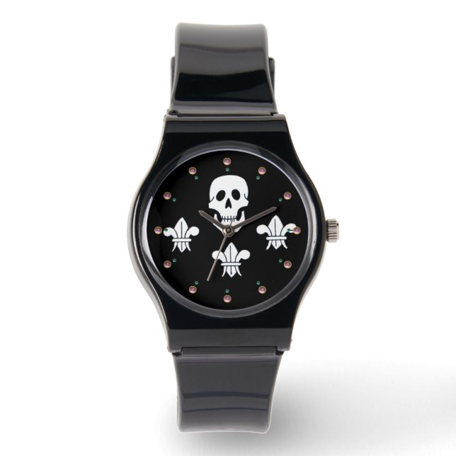 JOLLY ROGER SKULL EN DRIE LILILIES FLAG HORLOGE (Voorkant)