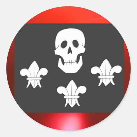 JOLLY ROGER SKULL EN DRIE LILILIES FLAG RONDE STICKER (Voorkant)