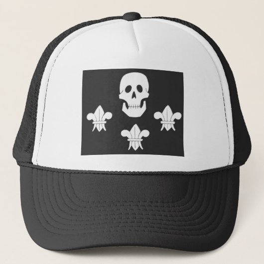 JOLLY ROGER SKULL EN DRIE LILILIES FLAG TRUCKER PET (Voorkant)