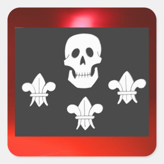 JOLLY ROGER SKULL EN DRIE LILILIES FLAG VIERKANTE STICKER (Voorkant)