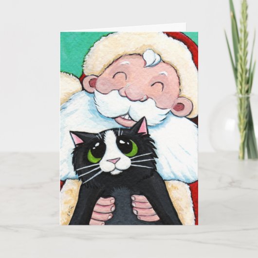 Jolly Santa Claus en Black Cat Christmas Kaart (Voorkant)