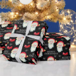 Jolly Santa Claus en Bows Kerstmis Cadeaupapier<br><div class="desc">Dit kerstcadeaupapier is voorzien van een afbeelding van de kerstman en is voorzien van bogen en sneeuwvlokken op de zwarte achtergrond.</div>