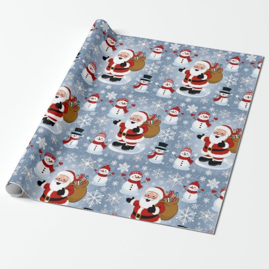 Jolly Santa Claus en Sneeuwpoppen Kerstpatroon Cadeaupapier (Uitgerold)