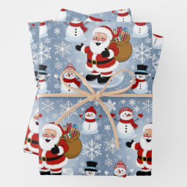Jolly Santa Claus en Sneeuwpoppen Kerstpatroon Inpakpapier Vel