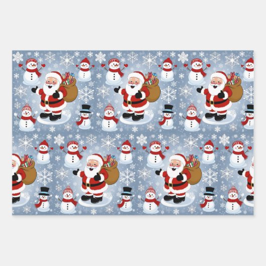 Jolly Santa Claus en Sneeuwpoppen Kerstpatroon Inpakpapier Vel (Voorkant)