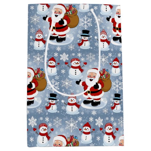 Jolly Santa Claus en Sneeuwpoppen Kerstpatroon Medium Cadeauzakje (Voorkant)