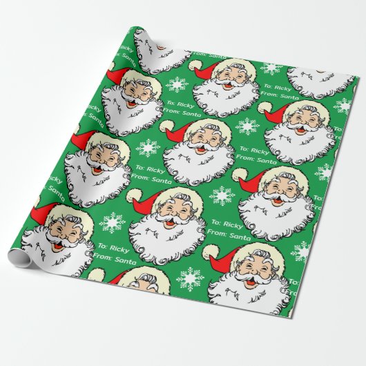 Jolly Santa Claus Naam van kind toevoegen Rood & G Cadeaupapier (Uitgerold)