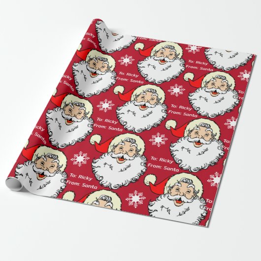 Jolly Santa Claus Naam van kind toevoegen Rood & G Cadeaupapier (Uitgerold)