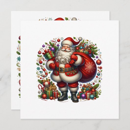 Jolly Santa Claus Surrounded by Gifts Feestdagenkaart (Voorkant / Achterkant)