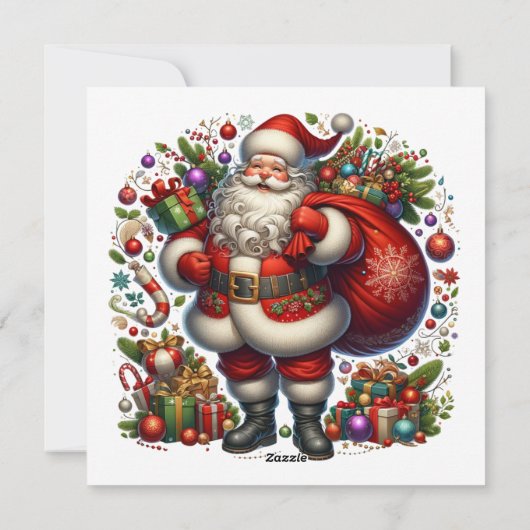 Jolly Santa Claus Surrounded by Gifts Feestdagenkaart (Achterkant)