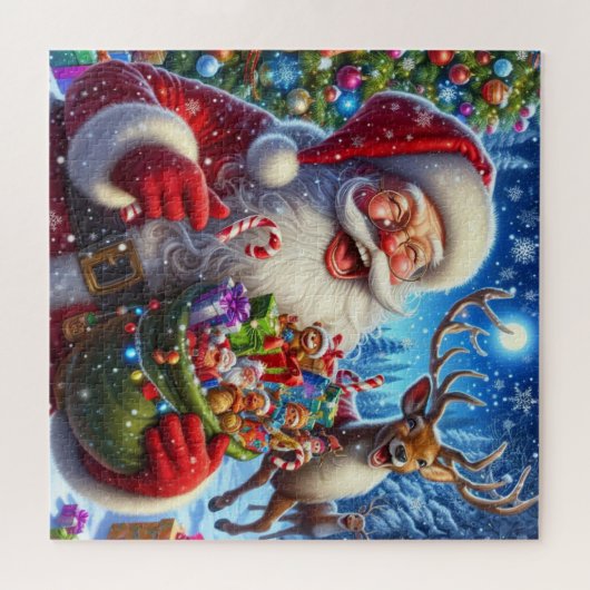 Jolly Santa en Rendier met Kerstspeelgoed Legpuzzel (Horizontaal)