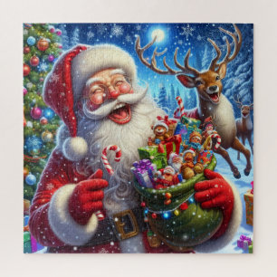 Jolly Santa en Rendier met Kerstspeelgoed Legpuzzel