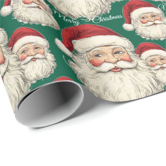 Jolly Santa Face Green Cadeaupapier (Rol Hoek)