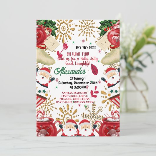 Jolly Santa Gold Snowflake Eerste Kerstdag Aankondiging (Staand voorkant)