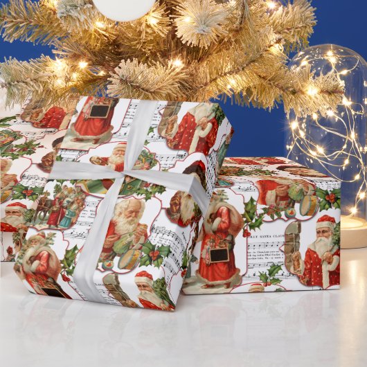 Jolly  Santa, Holly & Music Collage Cadeaupapier (Feestdagen)