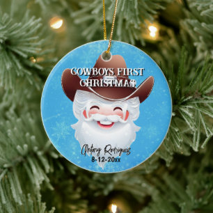 Jolly Santa in een Western Pet Babys 1st Christmas Keramisch Ornament